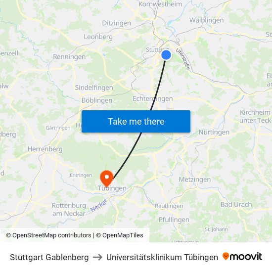 Stuttgart Gablenberg to Universitätsklinikum Tübingen map