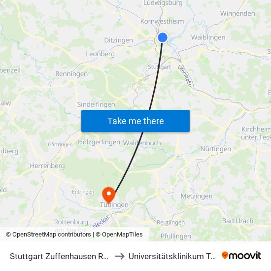 Stuttgart Zuffenhausen Reibedanz to Universitätsklinikum Tübingen map