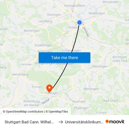 Stuttgart Bad Cann. Wilhelmspl.(Badstr.) to Universitätsklinikum Tübingen map