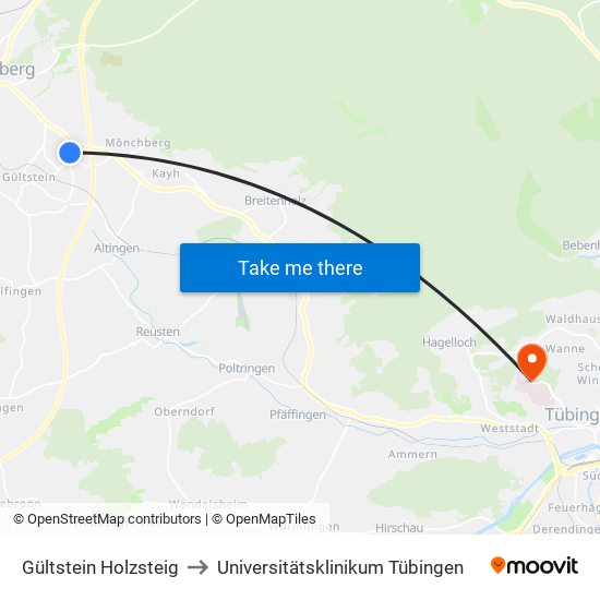 Gültstein Holzsteig to Universitätsklinikum Tübingen map