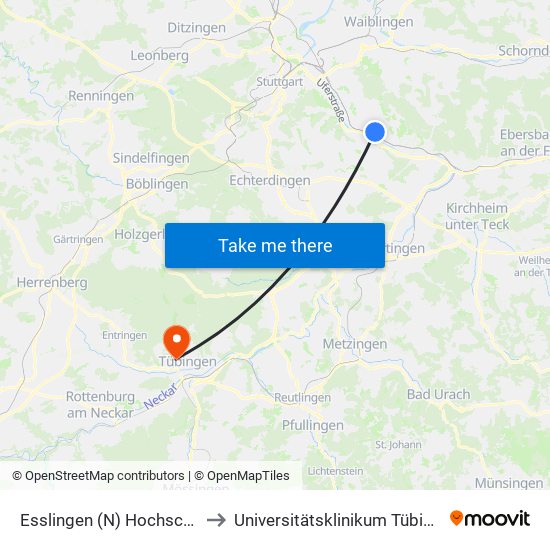 Esslingen (N) Hochschule to Universitätsklinikum Tübingen map