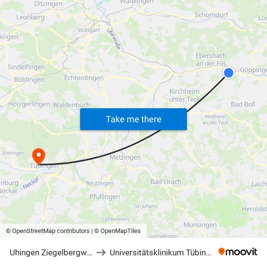 Uhingen Ziegelbergweg to Universitätsklinikum Tübingen map