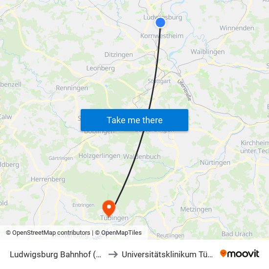 Ludwigsburg Bahnhof (Arena) to Universitätsklinikum Tübingen map