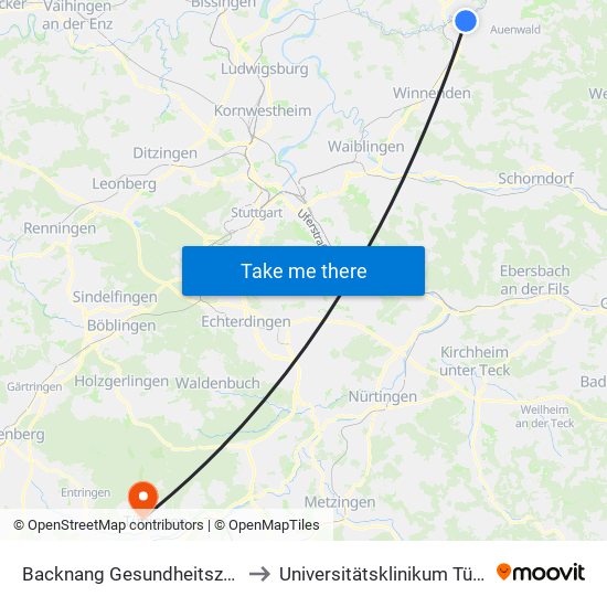 Backnang Gesundheitszentrum to Universitätsklinikum Tübingen map