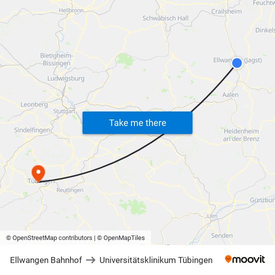 Ellwangen Bahnhof to Universitätsklinikum Tübingen map