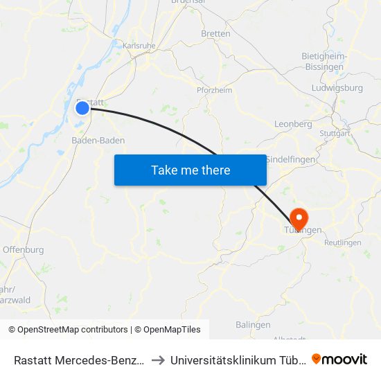 Rastatt Mercedes-Benz Tor 6 to Universitätsklinikum Tübingen map