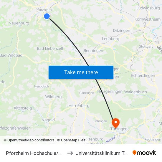 Pforzheim Hochschule/Wildpark to Universitätsklinikum Tübingen map