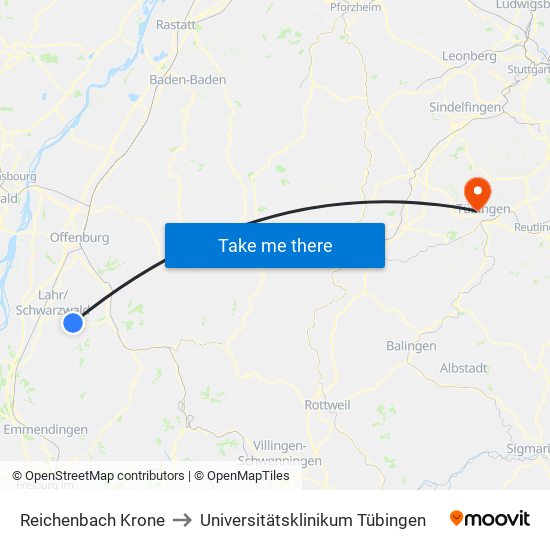 Reichenbach Krone to Universitätsklinikum Tübingen map