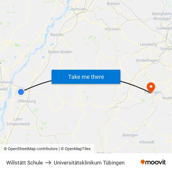 Willstätt Schule to Universitätsklinikum Tübingen map