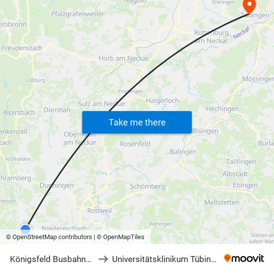 Königsfeld Busbahnhof to Universitätsklinikum Tübingen map