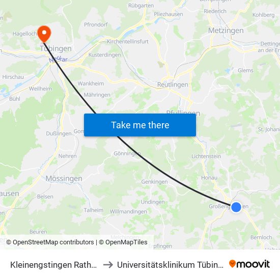 Kleinengstingen Rathaus to Universitätsklinikum Tübingen map