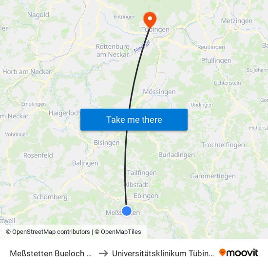 Meßstetten Bueloch Ksk to Universitätsklinikum Tübingen map