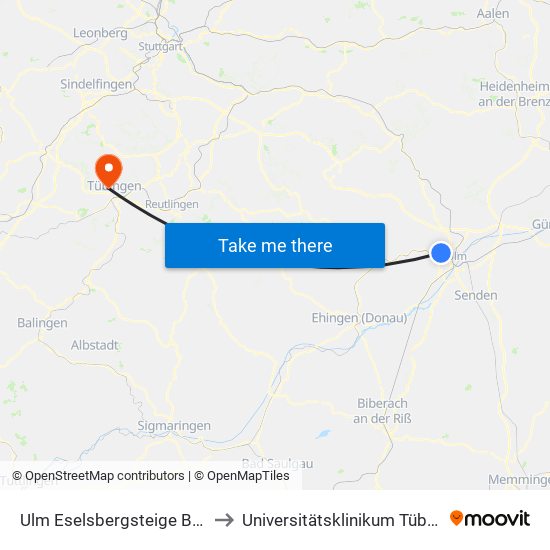 Ulm Eselsbergsteige Bstg B to Universitätsklinikum Tübingen map