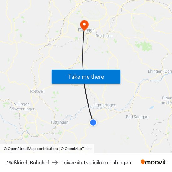 Meßkirch Bahnhof to Universitätsklinikum Tübingen map