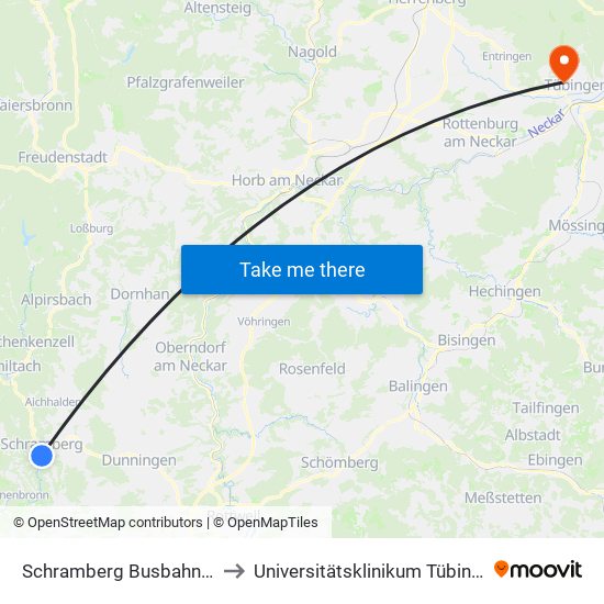 Schramberg Busbahnhof to Universitätsklinikum Tübingen map