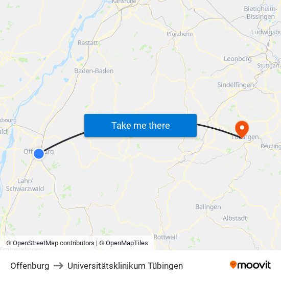 Offenburg to Universitätsklinikum Tübingen map