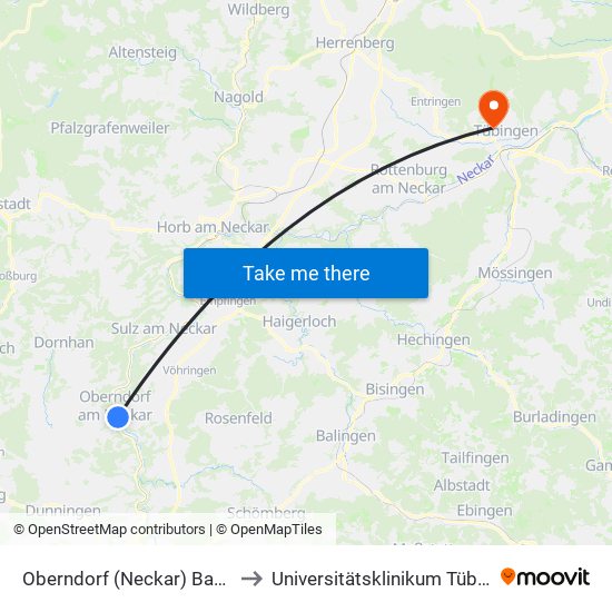 Oberndorf (Neckar) Bahnhof to Universitätsklinikum Tübingen map