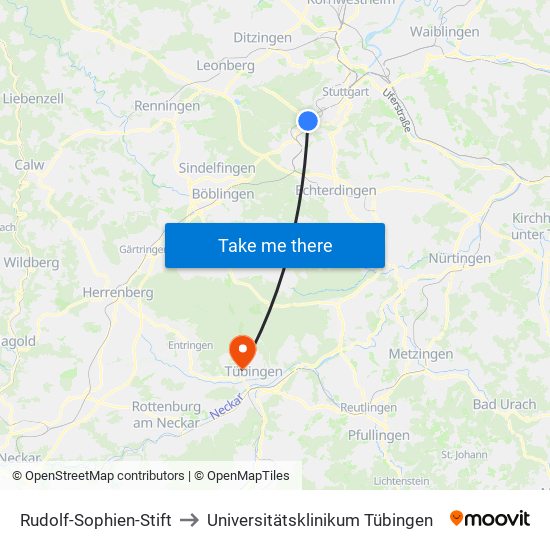 Rudolf-Sophien-Stift to Universitätsklinikum Tübingen map