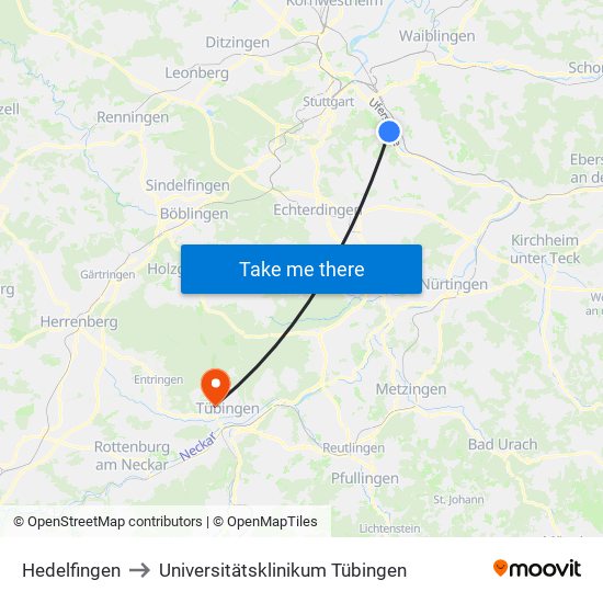Hedelfingen to Universitätsklinikum Tübingen map