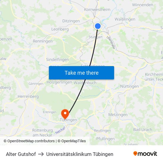 Alter Gutshof to Universitätsklinikum Tübingen map