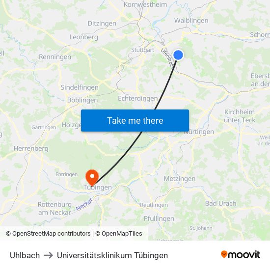 Uhlbach to Universitätsklinikum Tübingen map