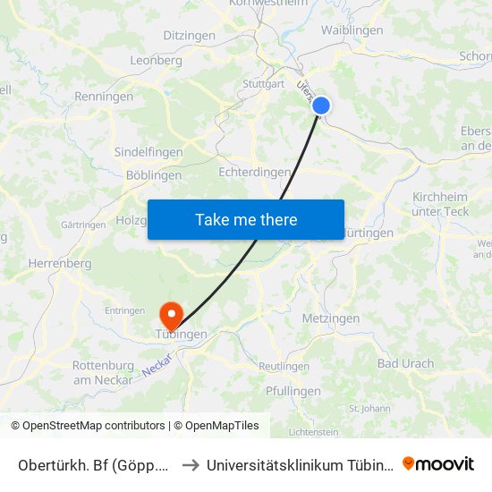 Obertürkh. Bf (Göpp.Str.) to Universitätsklinikum Tübingen map