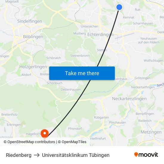 Riedenberg to Universitätsklinikum Tübingen map