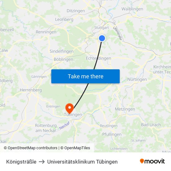 Königsträßle to Universitätsklinikum Tübingen map