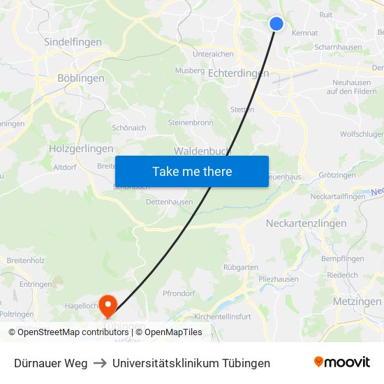 Dürnauer Weg to Universitätsklinikum Tübingen map