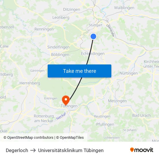 Degerloch to Universitätsklinikum Tübingen map