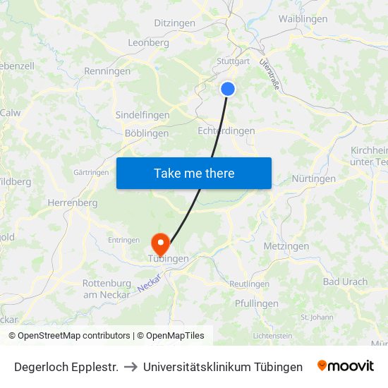 Degerloch Epplestr. to Universitätsklinikum Tübingen map