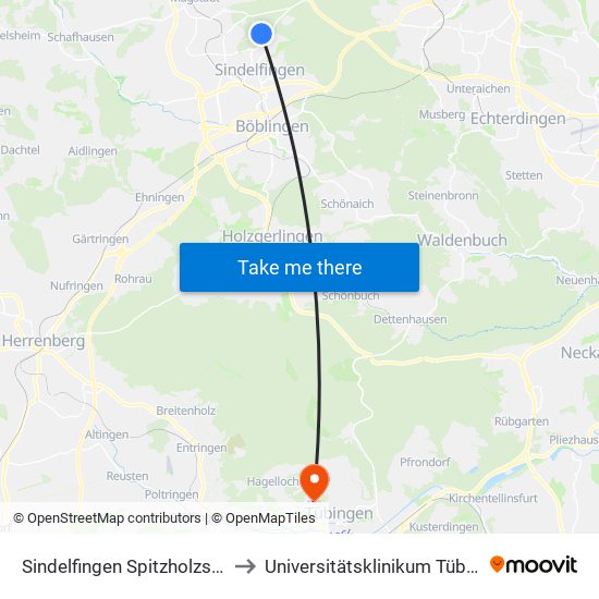 Sindelfingen Spitzholzstraße to Universitätsklinikum Tübingen map