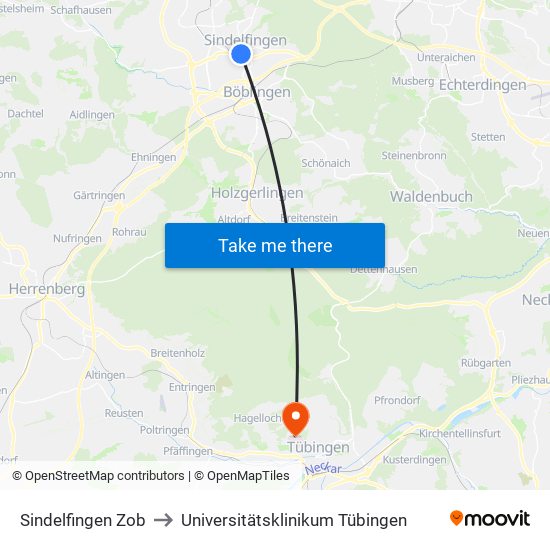 Sindelfingen Zob to Universitätsklinikum Tübingen map