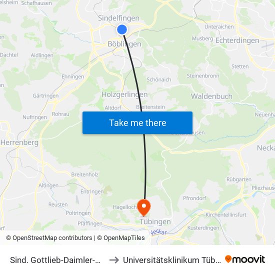 Sind. Gottlieb-Daimler-Schule to Universitätsklinikum Tübingen map