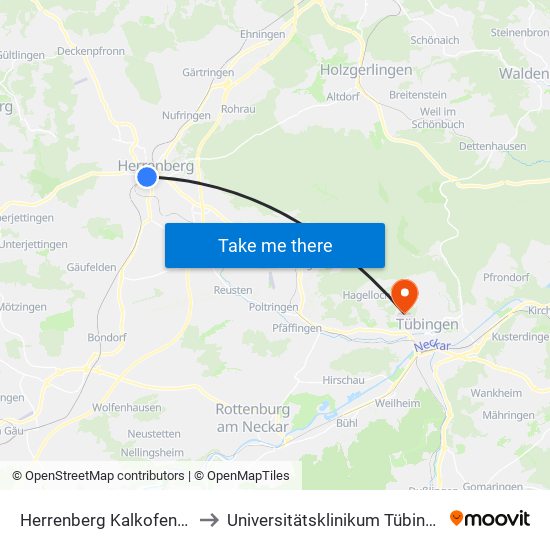 Herrenberg Kalkofenstr. to Universitätsklinikum Tübingen map
