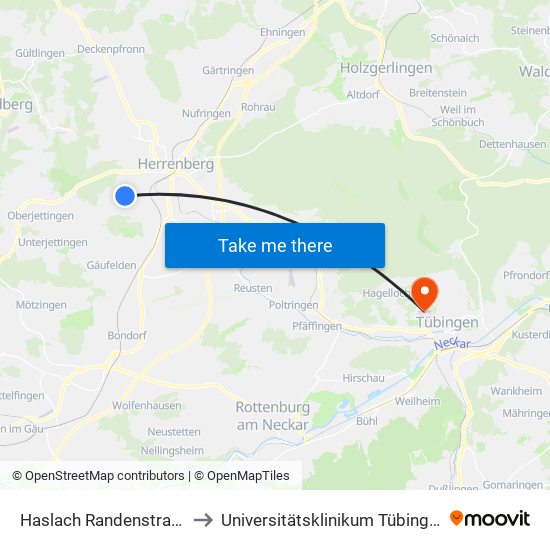 Haslach Randenstraße to Universitätsklinikum Tübingen map