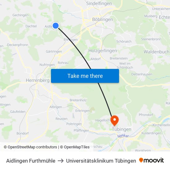 Aidlingen Furthmühle to Universitätsklinikum Tübingen map