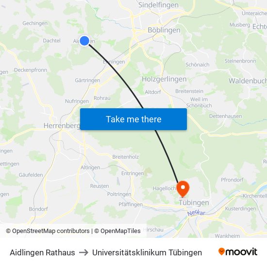 Aidlingen Rathaus to Universitätsklinikum Tübingen map