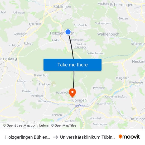 Holzgerlingen Bühlenstr. to Universitätsklinikum Tübingen map