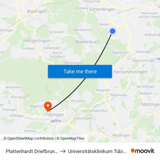 Plattenhardt Driefbrunnen to Universitätsklinikum Tübingen map