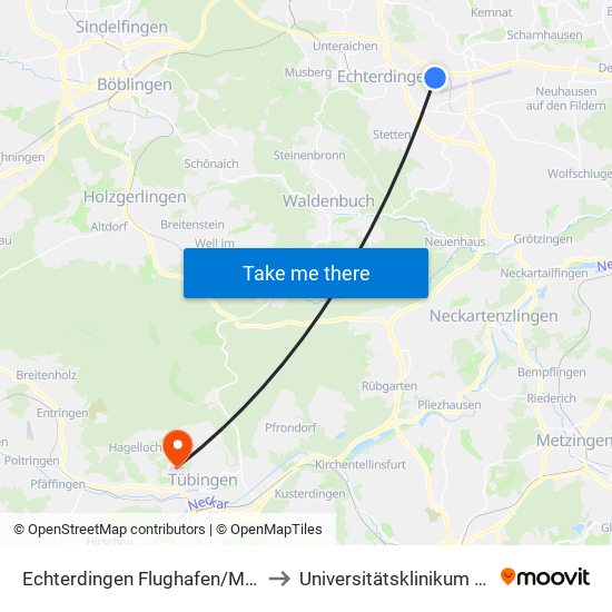 Echterdingen Flughafen/Messe (Sab) to Universitätsklinikum Tübingen map