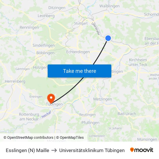 Esslingen (N) Maille to Universitätsklinikum Tübingen map