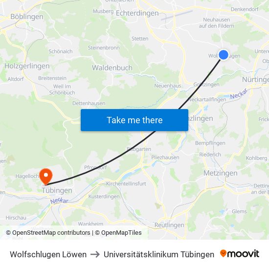 Wolfschlugen Löwen to Universitätsklinikum Tübingen map