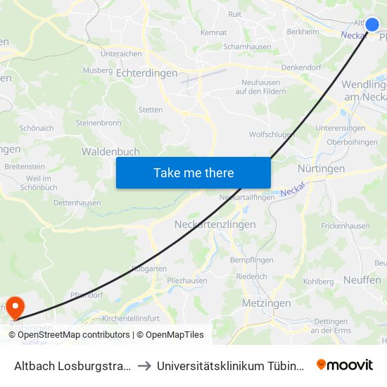 Altbach Losburgstraße to Universitätsklinikum Tübingen map