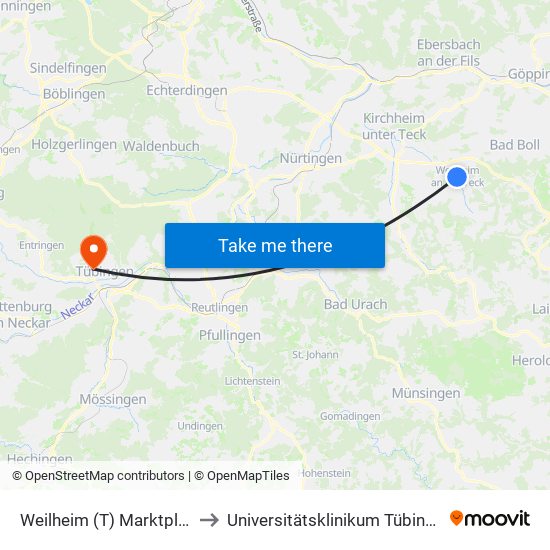 Weilheim (T) Marktplatz to Universitätsklinikum Tübingen map