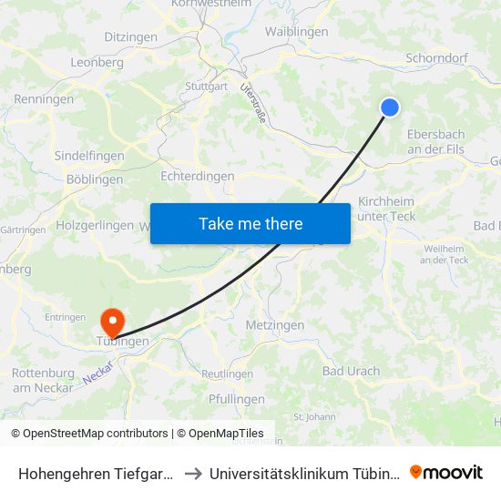 Hohengehren Tiefgarage to Universitätsklinikum Tübingen map