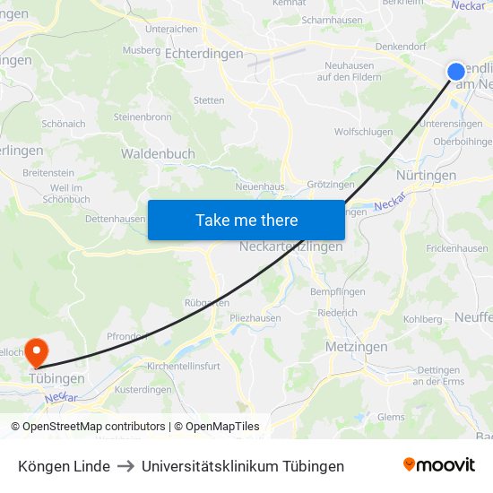 Köngen Linde to Universitätsklinikum Tübingen map