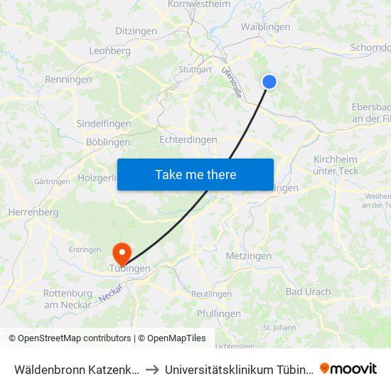 Wäldenbronn Katzenkopf to Universitätsklinikum Tübingen map