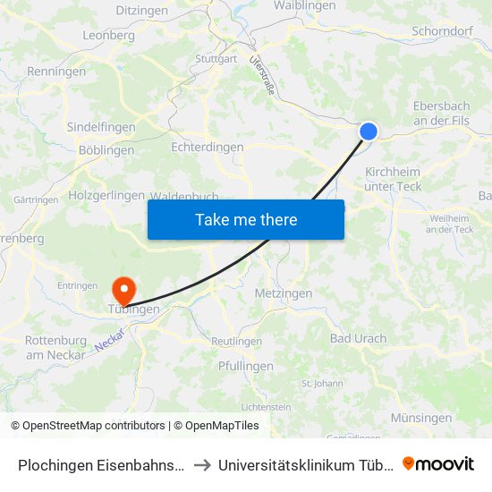 Plochingen Eisenbahnstraße to Universitätsklinikum Tübingen map