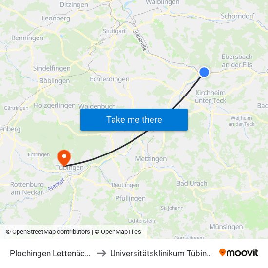 Plochingen Lettenäcker to Universitätsklinikum Tübingen map